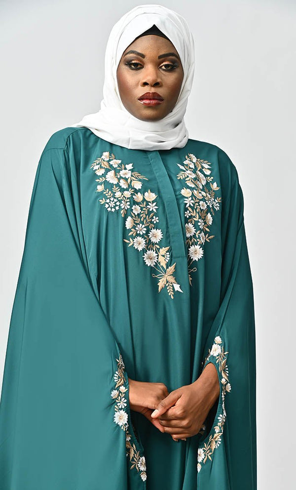 Saara Embroidered Detailing Flared Kaftan Abaya - EastEssence.com