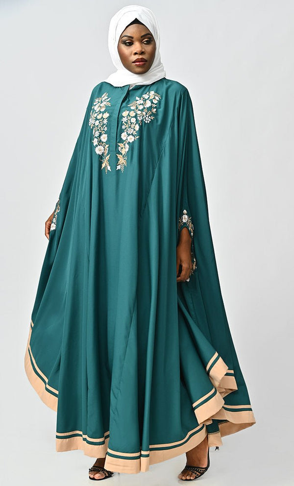 Saara Embroidered Detailing Flared Kaftan Abaya - EastEssence.com