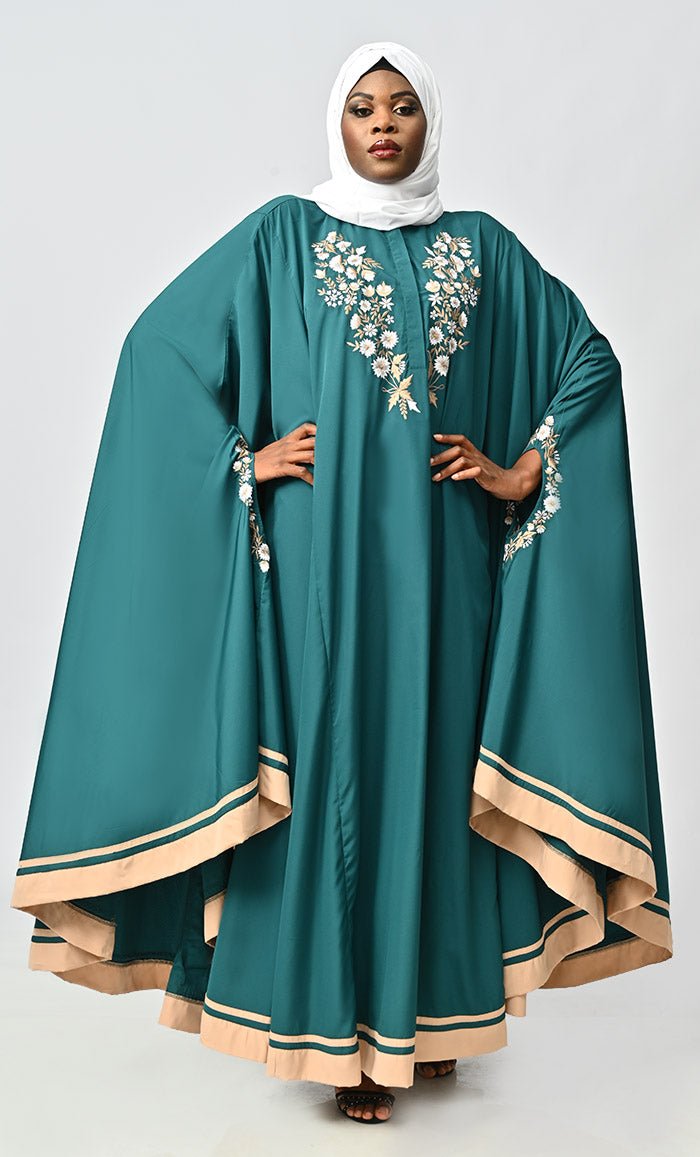 Saara Embroidered Detailing Flared Kaftan Abaya - EastEssence.com