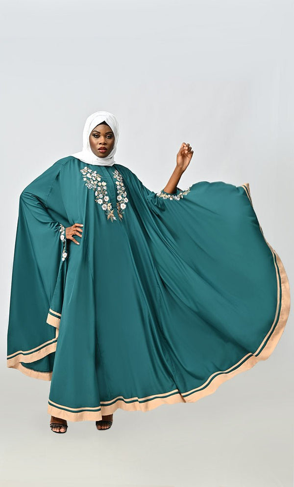 Saara Embroidered Detailing Flared Kaftan Abaya - EastEssence.com