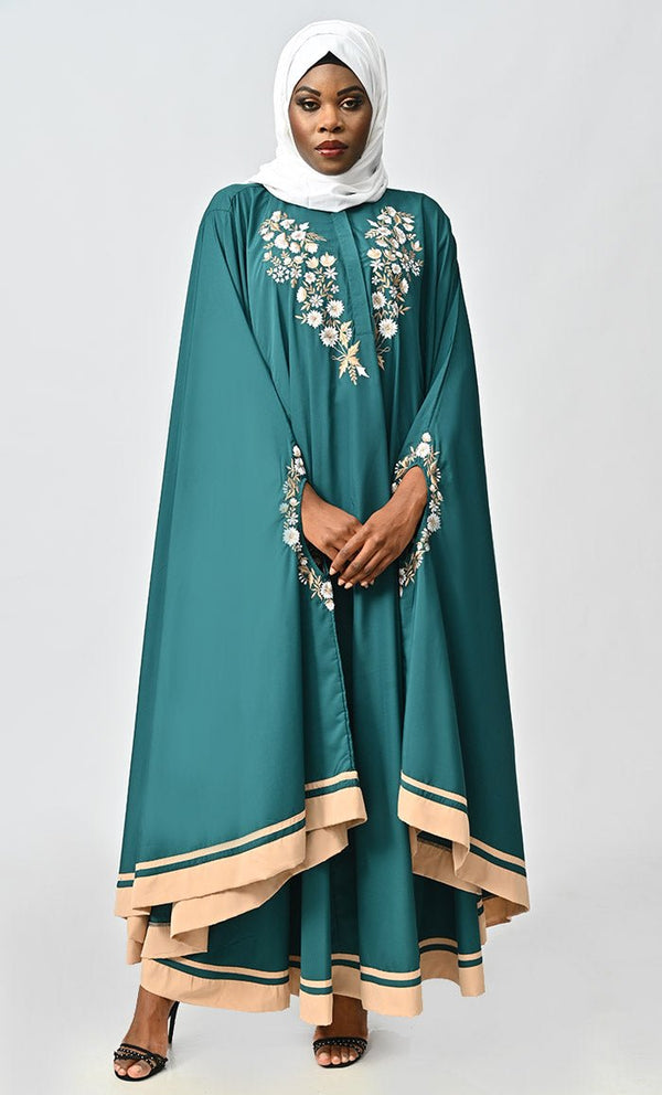 Saara Embroidered Detailing Flared Kaftan Abaya - EastEssence.com