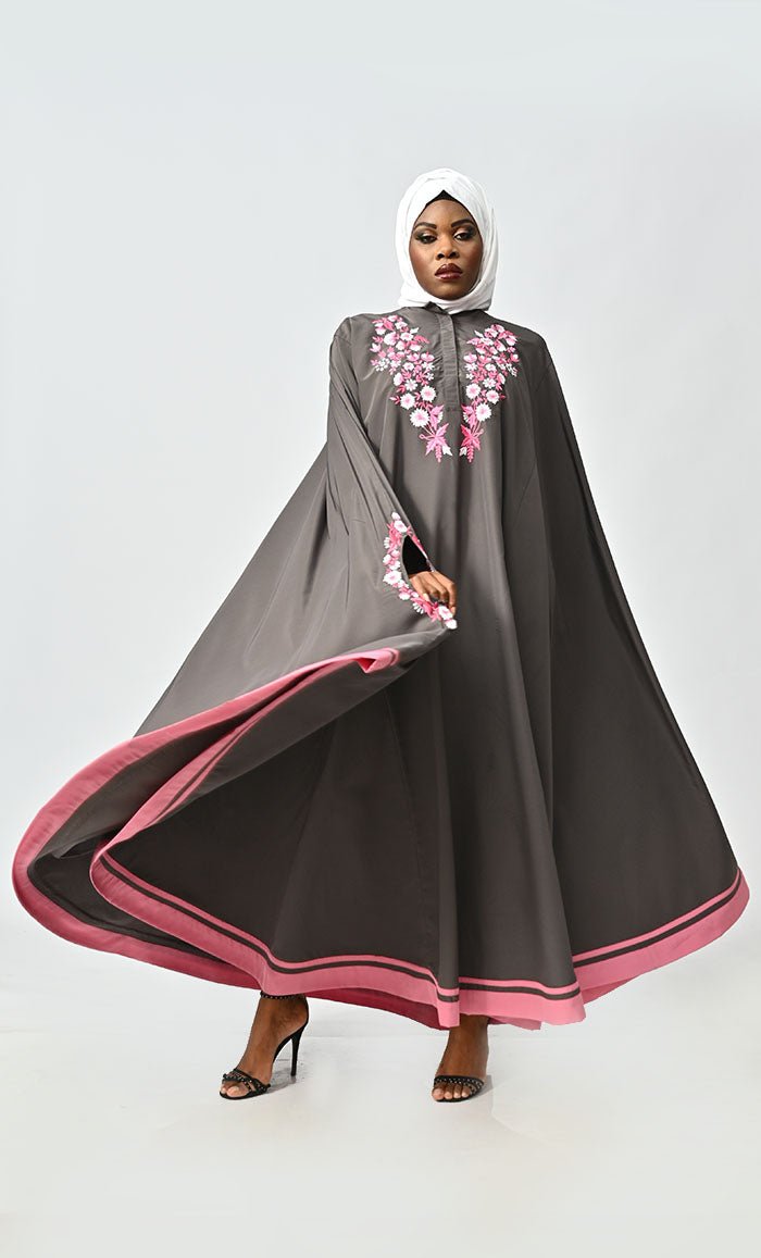 Saara Islamic Embroidered Detailing Flared Kaftan Abaya - EastEssence.com