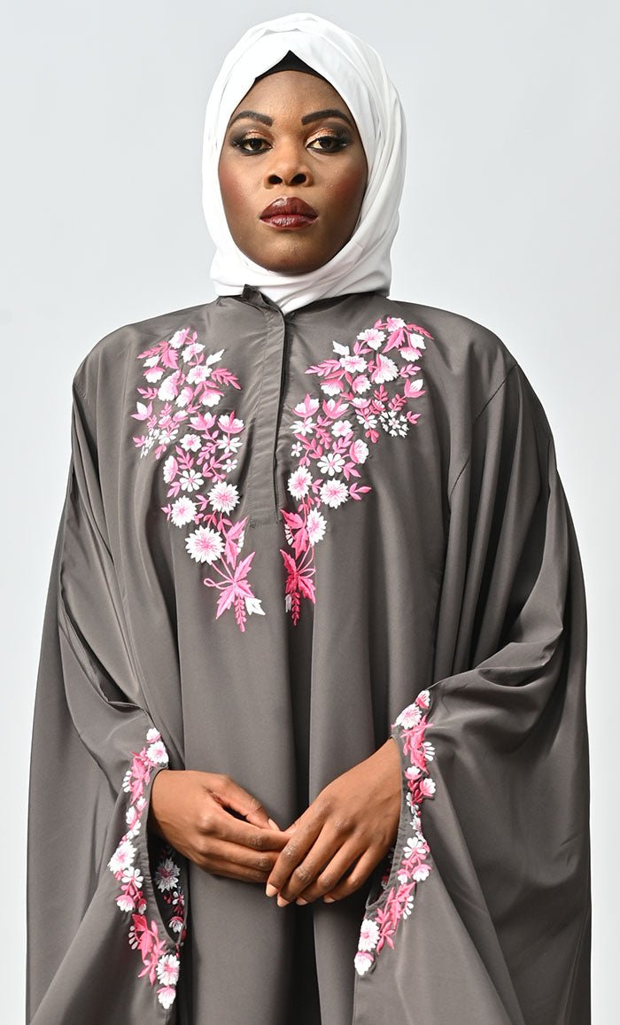 Saara Islamic Embroidered Detailing Flared Kaftan Abaya - EastEssence.com