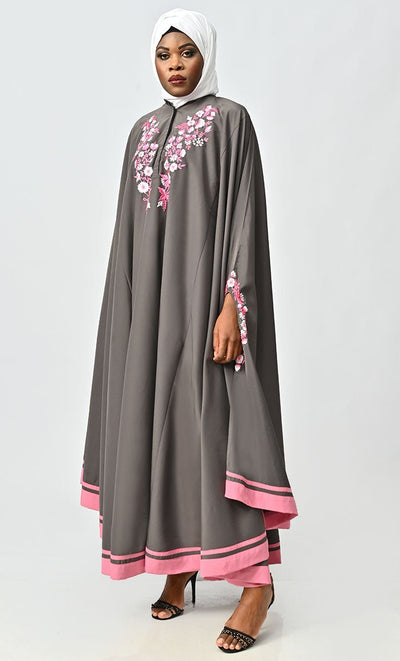 Saara Islamic Embroidered Detailing Flared Kaftan Abaya - EastEssence.com