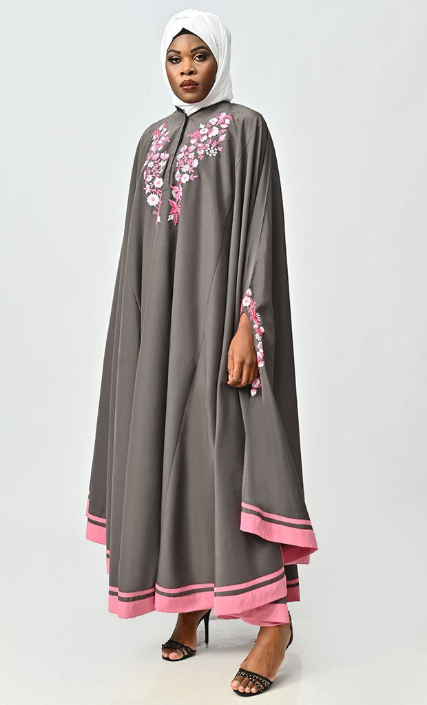 Saara Islamic Embroidered Detailing Flared Kaftan Abaya - EastEssence.com