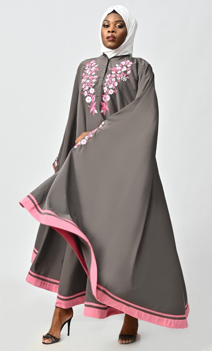 Saara Islamic Embroidered Detailing Flared Kaftan Abaya - EastEssence.com