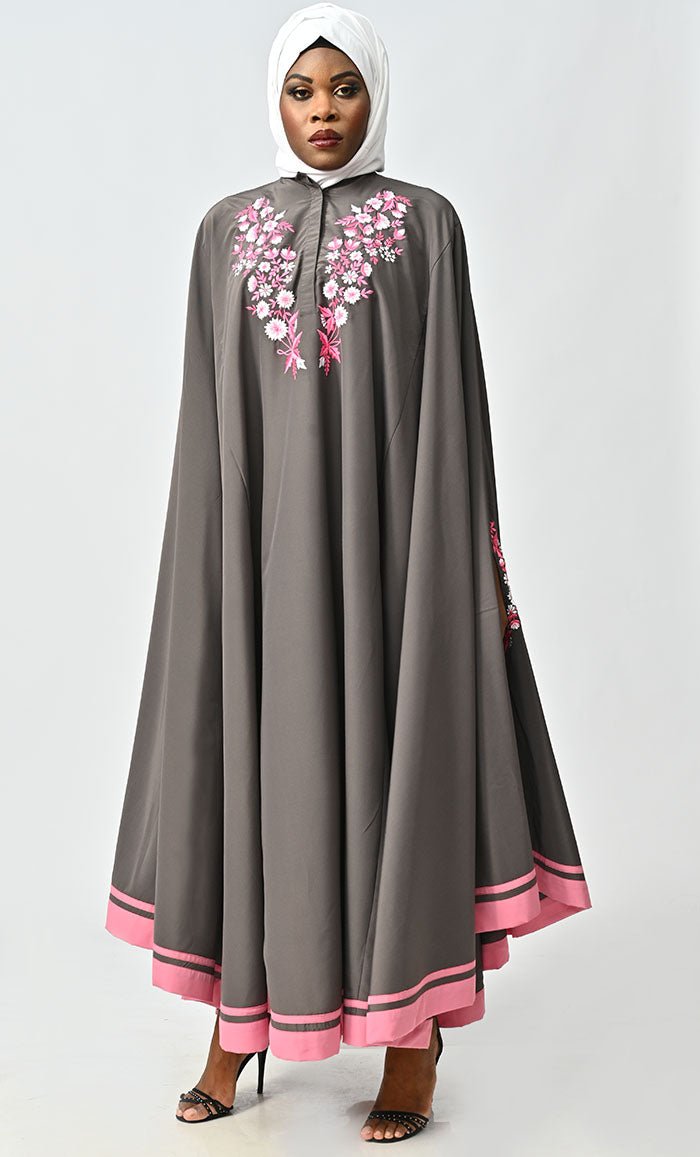 Saara Islamic Embroidered Detailing Flared Kaftan Abaya - EastEssence.com