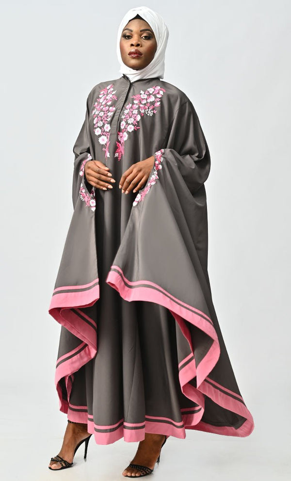 Saara Islamic Embroidered Detailing Flared Kaftan Abaya - EastEssence.com