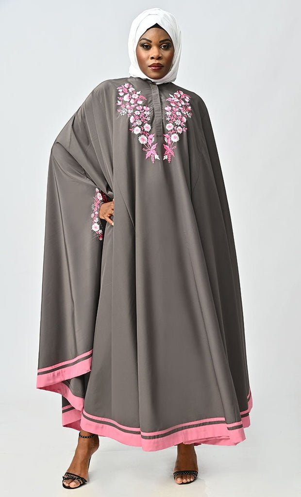 Saara Islamic Embroidered Detailing Flared Kaftan Abaya - EastEssence.com