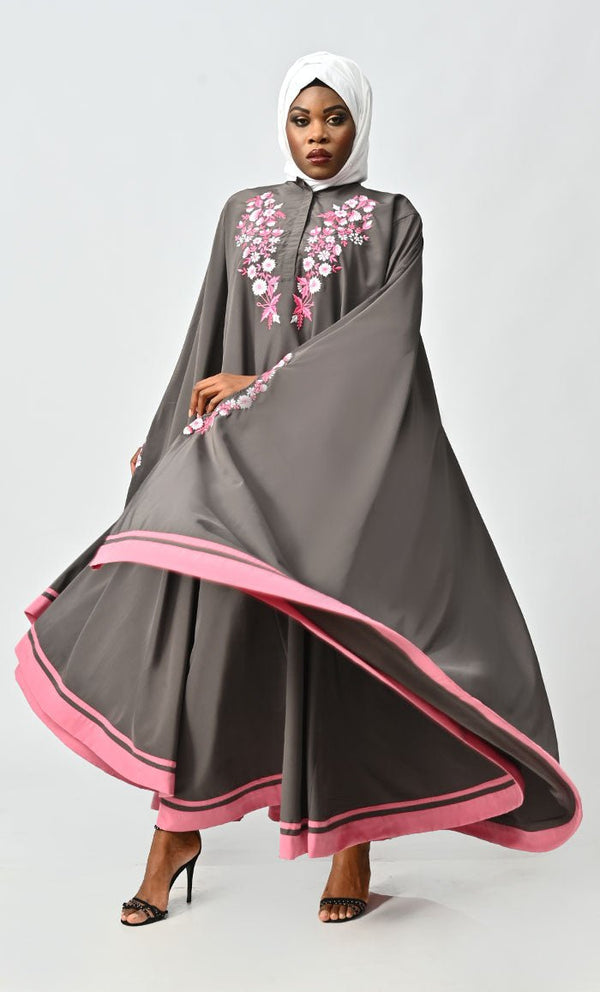 Saara Islamic Embroidered Detailing Flared Kaftan Abaya - EastEssence.com