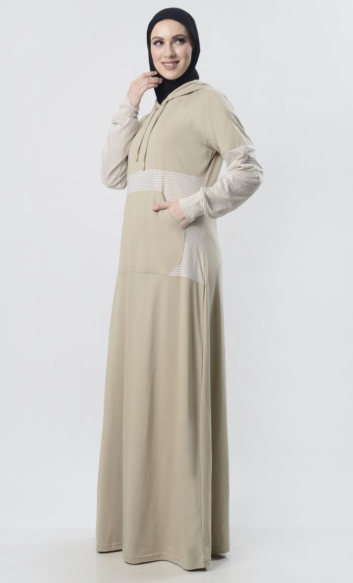 Sand Hooded Abaya With Front Pocket - EastEssence.com