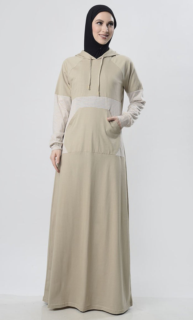 Sand Hooded Abaya With Front Pocket - EastEssence.com