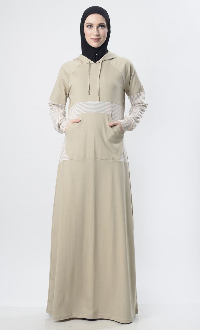 Sand Hooded Abaya With Front Pocket - EastEssence.com