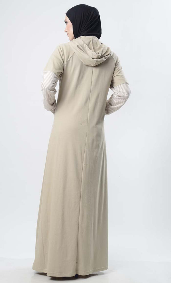 Sand Hooded Abaya With Front Pocket - EastEssence.com