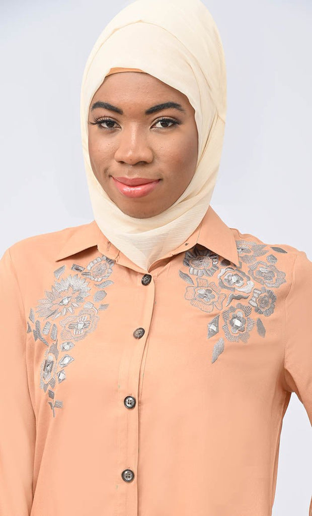 Sand Modest Islamic Button Down Flared Set With Hijab And Pockets - EastEssence.com