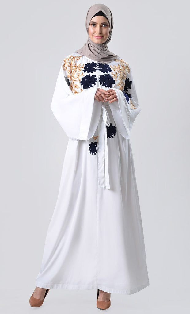 Sapphire Floral Embroidered Abaya - White - EastEssence.com