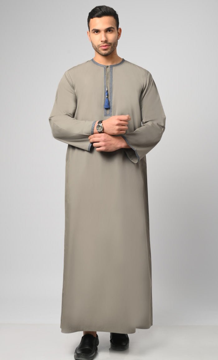 Saudi Blue Embroidery Tessel Detail Thobe