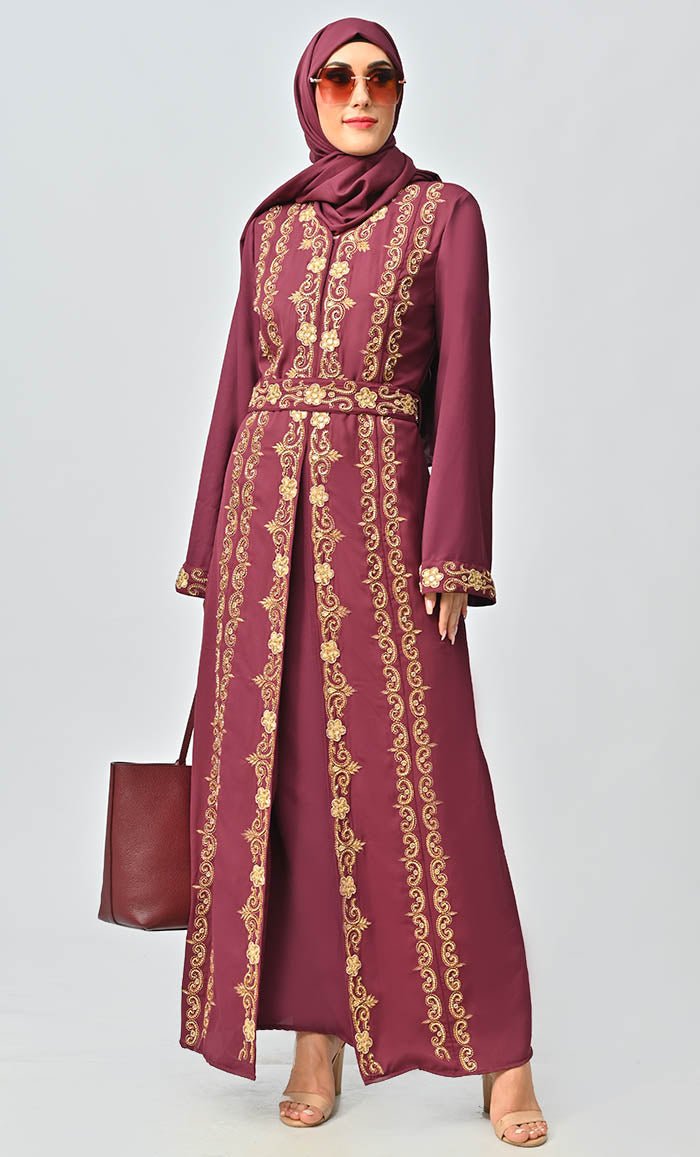 Saudi Moroccan Style Abaya With Heavy Hand Work And Machine Thread Work Embroidery - EastEssence.com