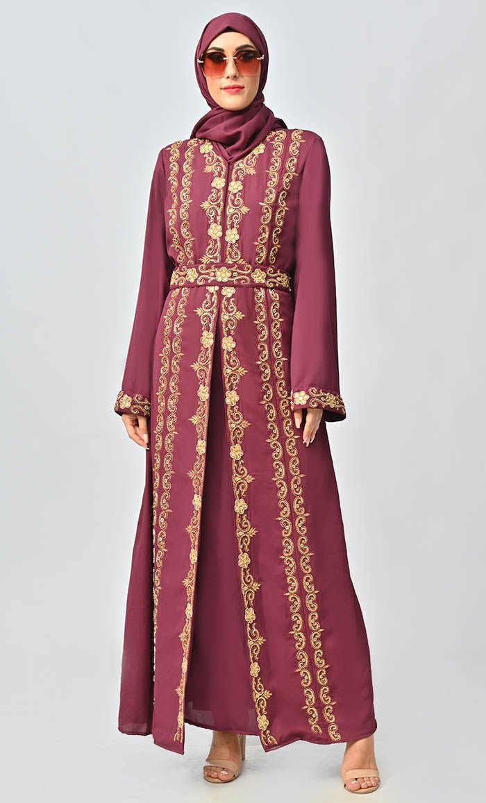 Saudi Moroccan Style Abaya With Heavy Hand Work And Machine Thread Work Embroidery - EastEssence.com