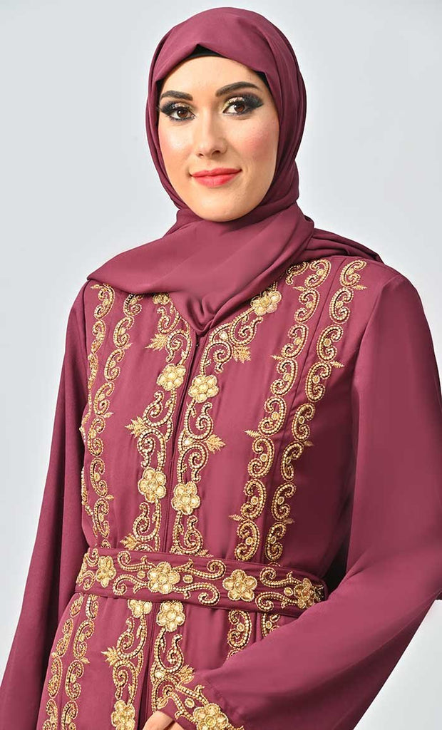 Saudi Moroccan Style Abaya With Heavy Hand Work And Machine Thread Work Embroidery - EastEssence.com
