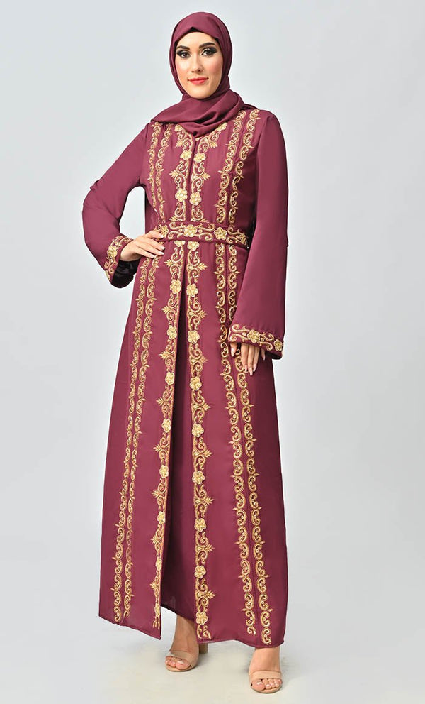 Saudi Moroccan Style Abaya With Heavy Hand Work And Machine Thread Work Embroidery - EastEssence.com