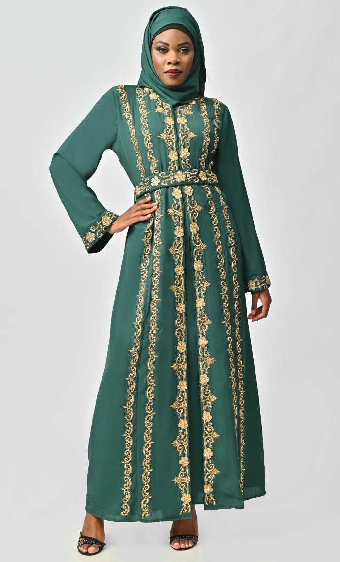 Saudi Moroccan Style Beautiful Abaya With Heavy Hand Work And Machine Thread Work Embroidery - EastEssence.com