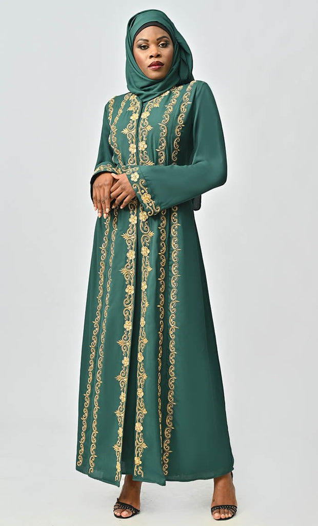 Saudi Moroccan Style Beautiful Abaya With Heavy Hand Work And Machine Thread Work Embroidery - EastEssence.com