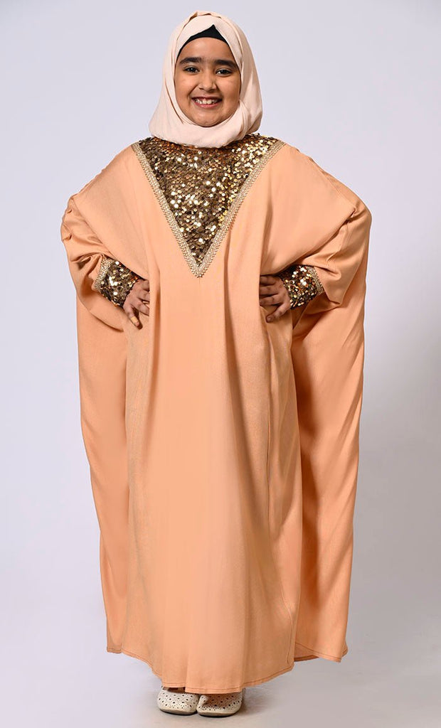 Sequin Sparkle: Stylish Girl's Sand Kaftan With Sequin detailings - EastEssence.com