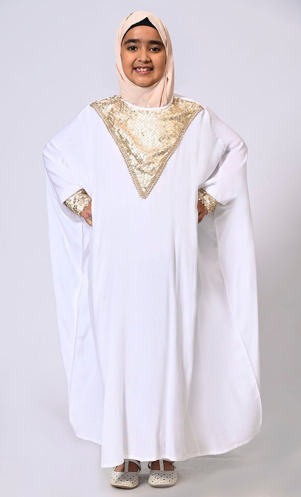 Sequin Sparkle: Stylish Girl's White Kaftan
