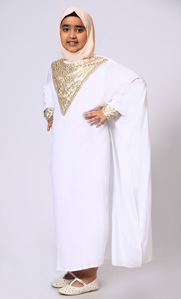 Sequin Sparkle: Stylish Girl's White Kaftan