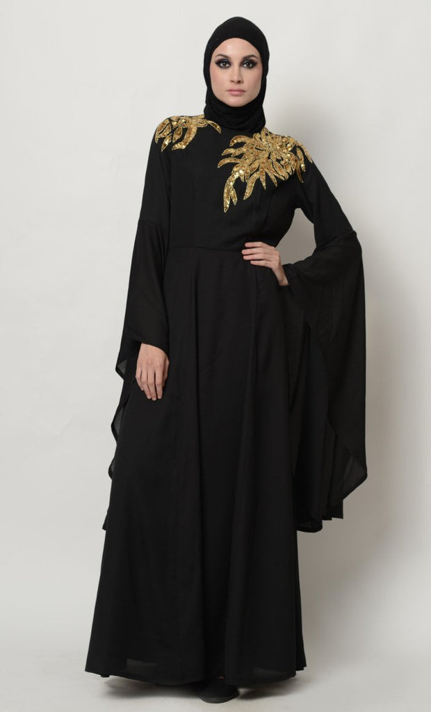 Sequins And Beads Embellished Trumpet Sleeves Abaya Dress - EastEssence.com