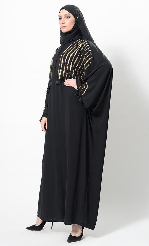 Sequins Embroidered And Thread Fringes Abaya Dress And Hijab Set - EastEssence.com