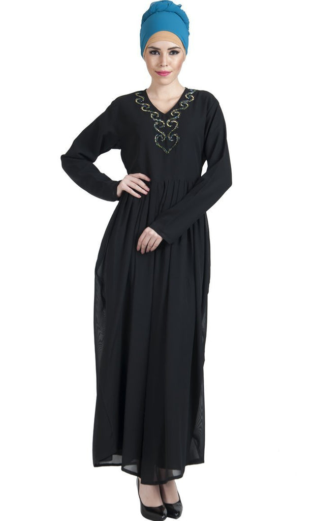 Sequins embroidered detail double layered and flared abaya dress - EastEssence.com
