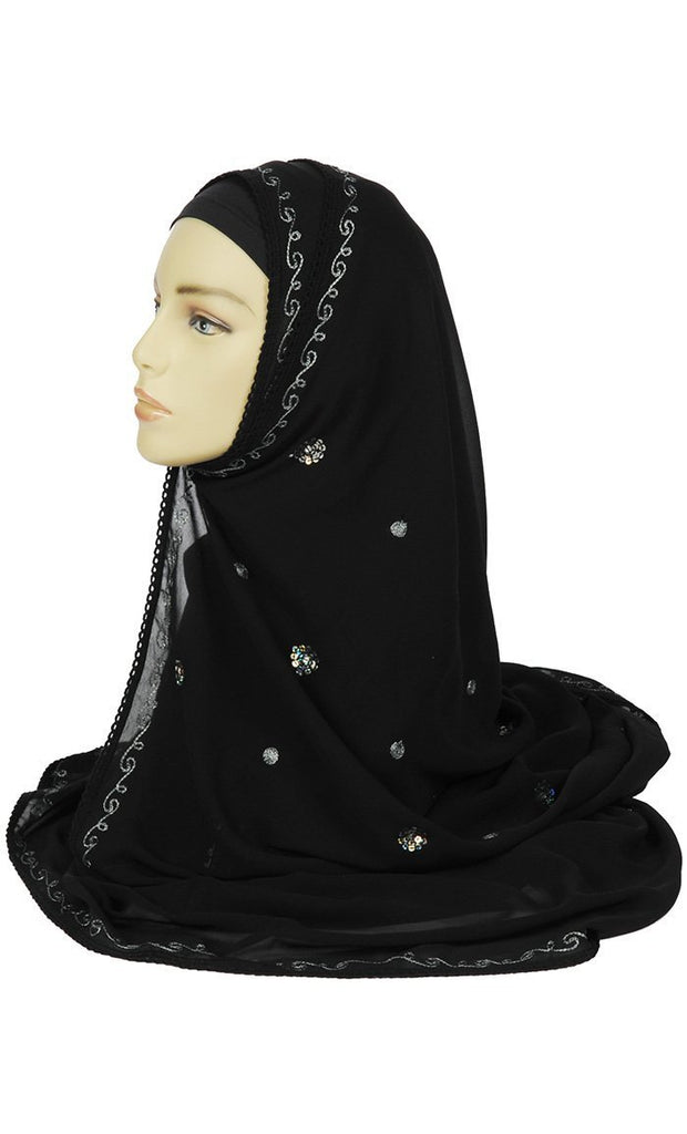 Sequins Embroidered Motifs Hijab Stole - EastEssence.com