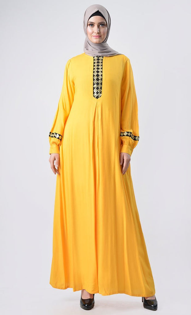 Shine Bright Lace Detail Abaya - Mustard - EastEssence.com