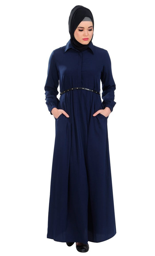 Shirt Style Fit And Flared Abaya Dress With Leather Waistbelt - EastEssence.com
