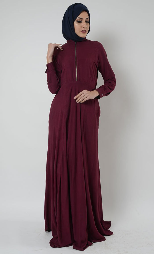 Short collar and zipper detail basic abaya dress - EastEssence.com