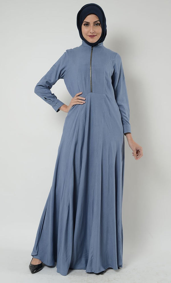 Short collar and zipper detail basic abaya dress - EastEssence.com