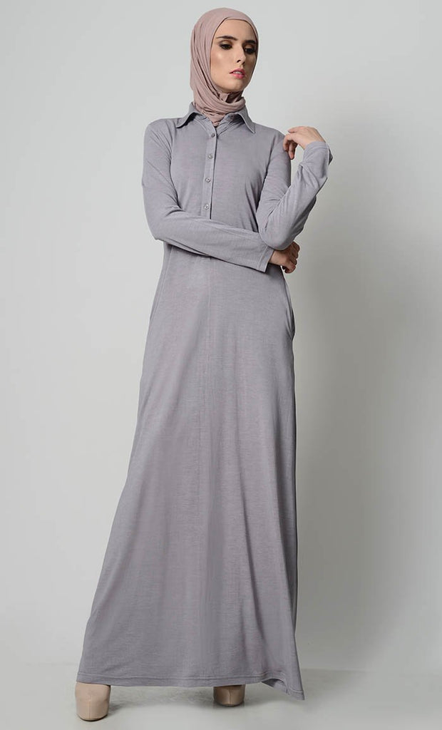Simple Collar Shirt Style Abaya -Grey - EastEssence.com