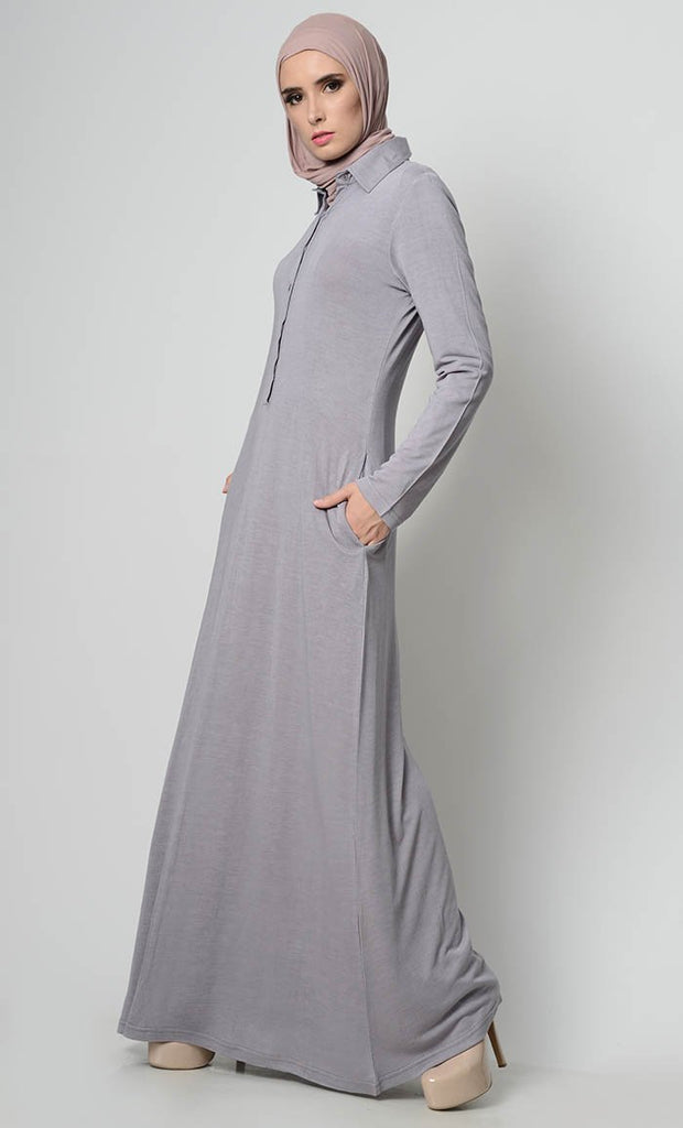 Simple Collar Shirt Style Abaya -Grey - EastEssence.com