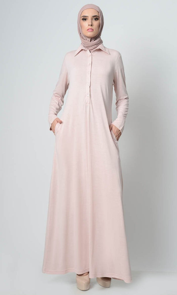 Simple Collar Shirt Style Abaya - Rose Dust - EastEssence.com