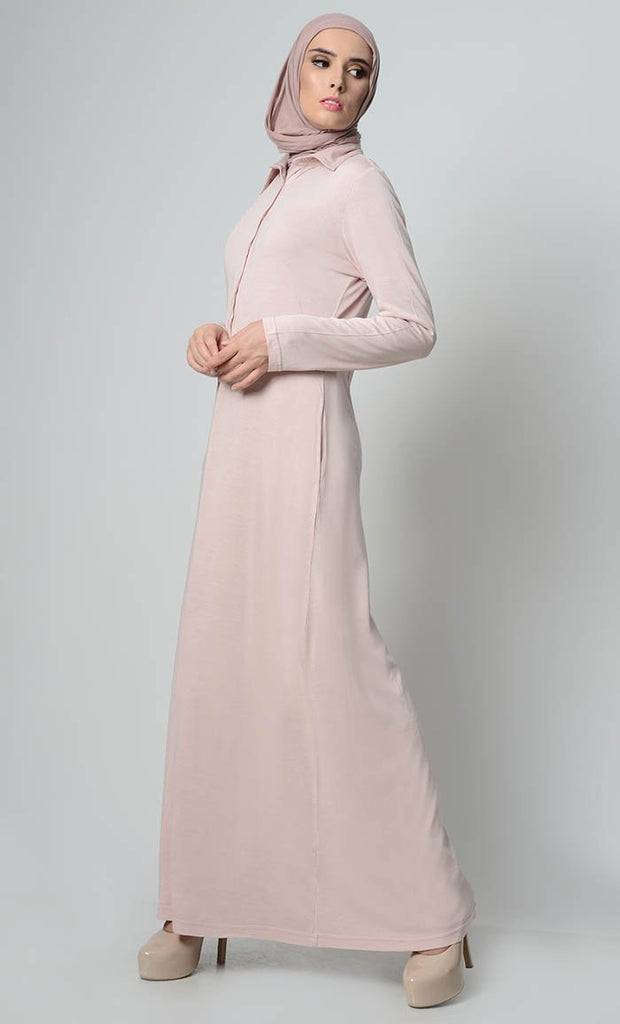Simple Collar Shirt Style Abaya - Rose Dust - EastEssence.com