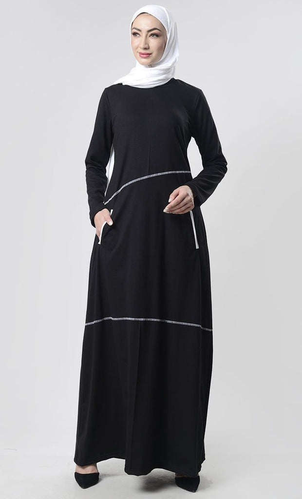 Simple Top Stitch Detailed Abaya With Pockets - EastEssence.com