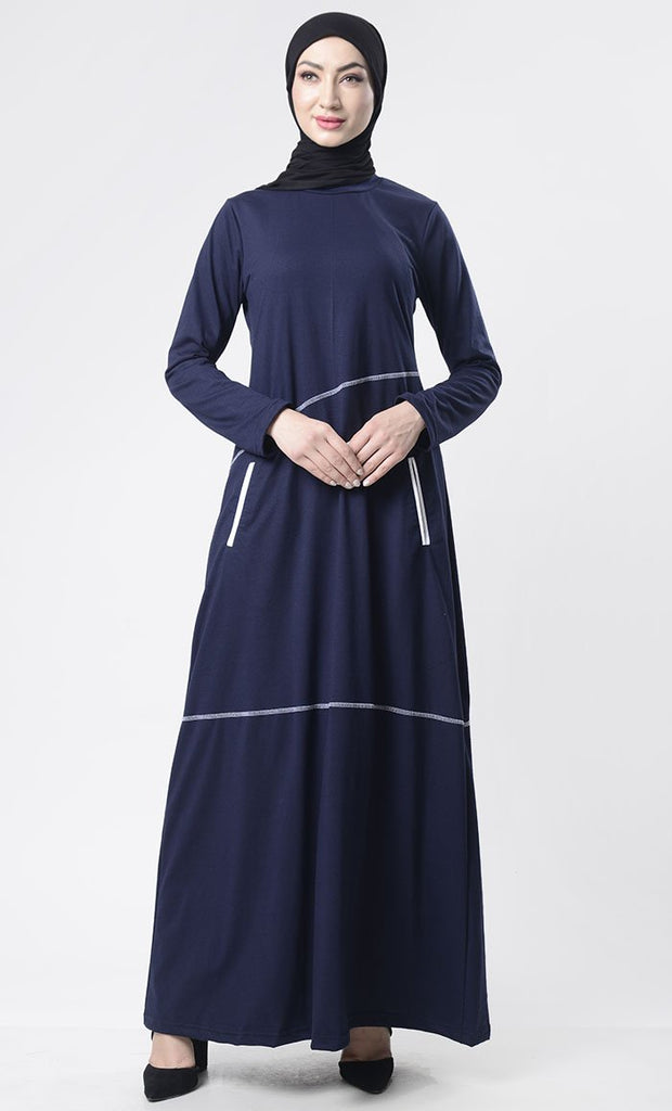 Simple Top Stitch Detailed Abaya With Pockets - EastEssence.com