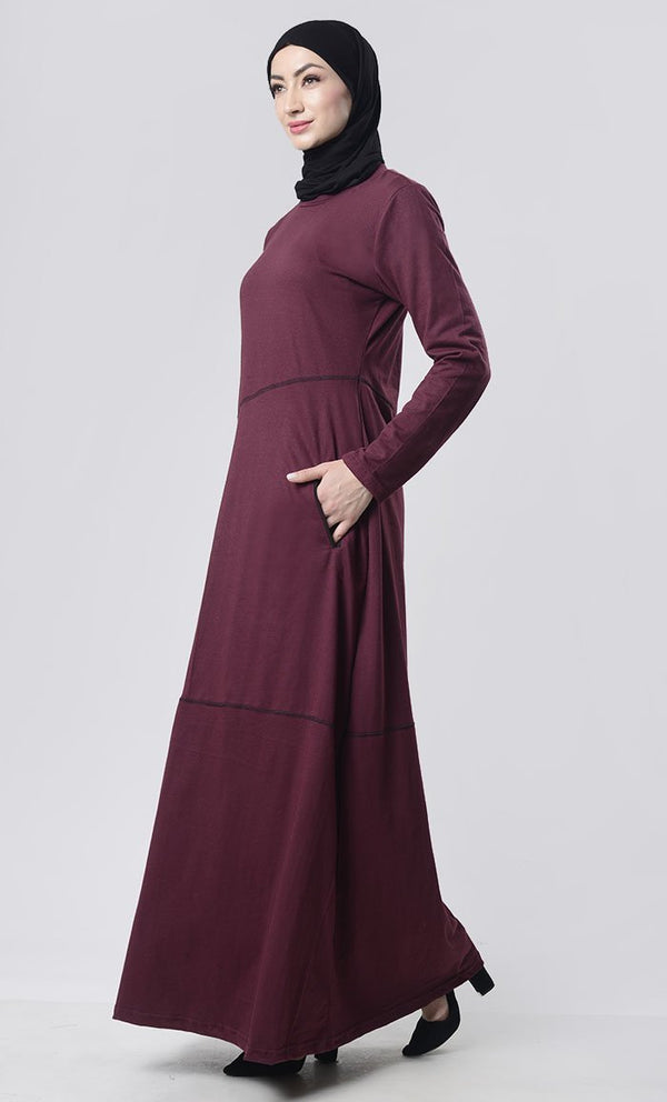 Simple Top Stitch Detailed Abaya With Pockets - EastEssence.com
