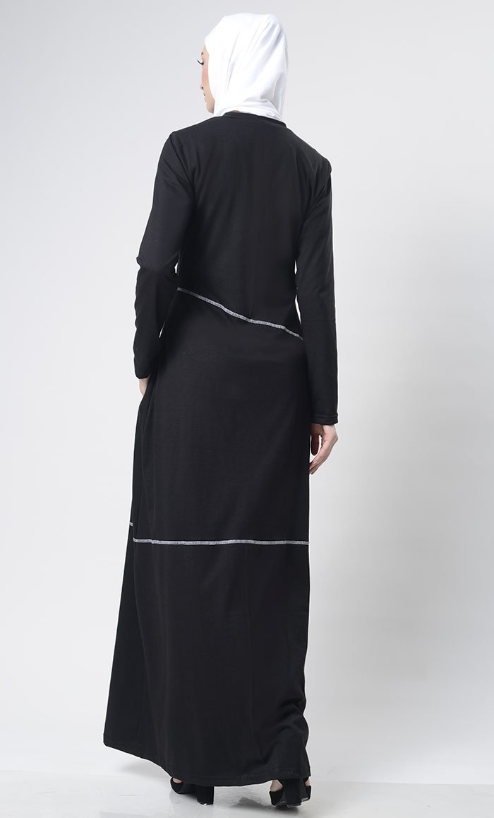 Simple Top Stitch Detailed Abaya With Pockets - EastEssence.com