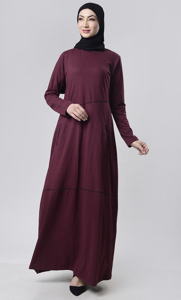 Simple Top Stitch Detailed Abaya With Pockets - EastEssence.com