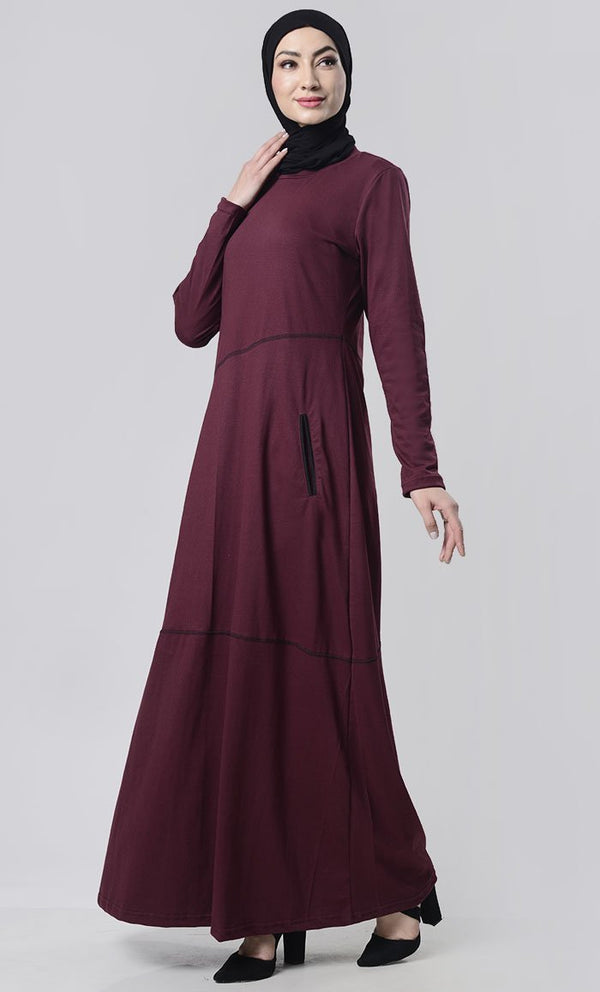 Simple Top Stitch Detailed Abaya With Pockets - EastEssence.com