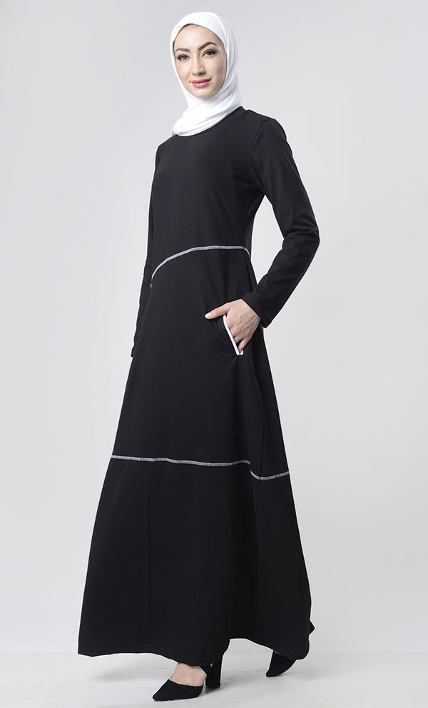 Simple Top Stitch Detailed Abaya With Pockets - EastEssence.com
