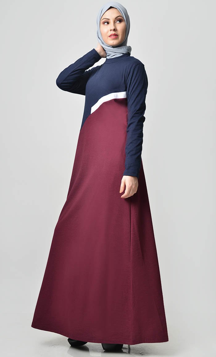 Slashed Colorblocked Jersey Abaya - Maroon Navy - EastEssence.com